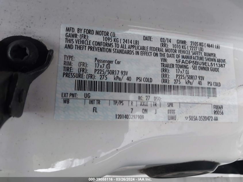 1FADP5BU9EL511387 | 2014 FORD C-MAX HYBRID