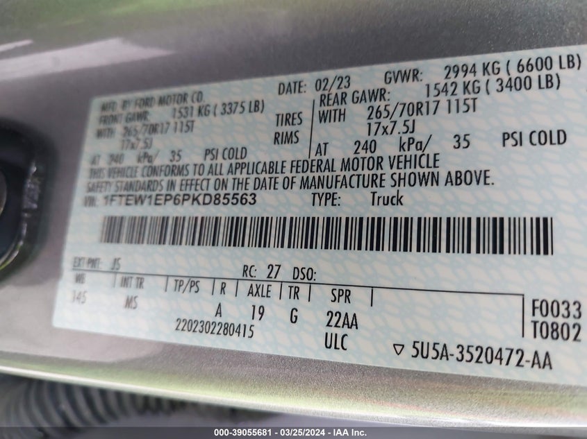 VIN 1FTEW1EP6PKD85563 2023 FORD F-150 XLT