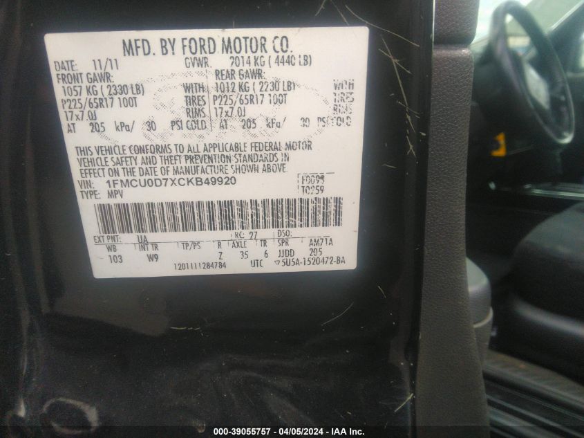 1FMCU0D7XCKB49920 2012 Ford Escape Xlt