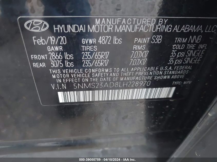 2020 Hyundai Santa Fe Se VIN: 5NMS23AD8LH228970 Lot: 39055759