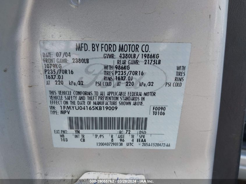 1FMYU04165KB19009 2005 Ford Escape Limited