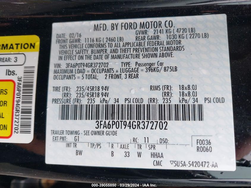 2016 FORD FUSION SE - 3FA6P0T94GR372702