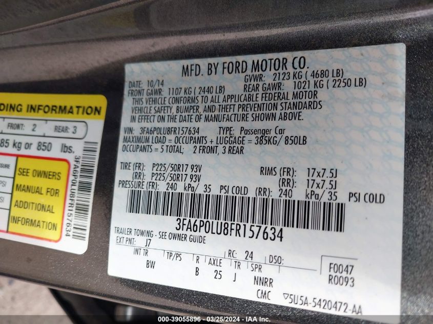 3FA6P0LU8FR157634 | 2015 FORD FUSION HYBRID