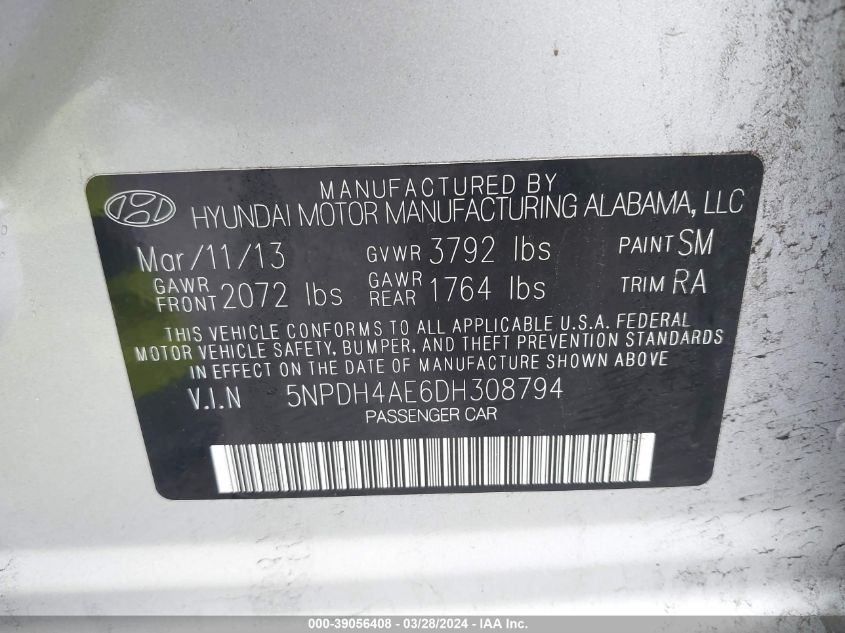 5NPDH4AE6DH308794 | 2013 HYUNDAI ELANTRA