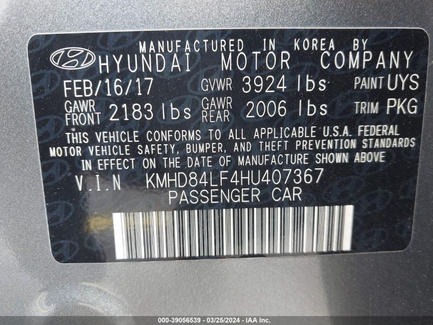 KMHD84LF4HU407367 | 2017 HYUNDAI ELANTRA