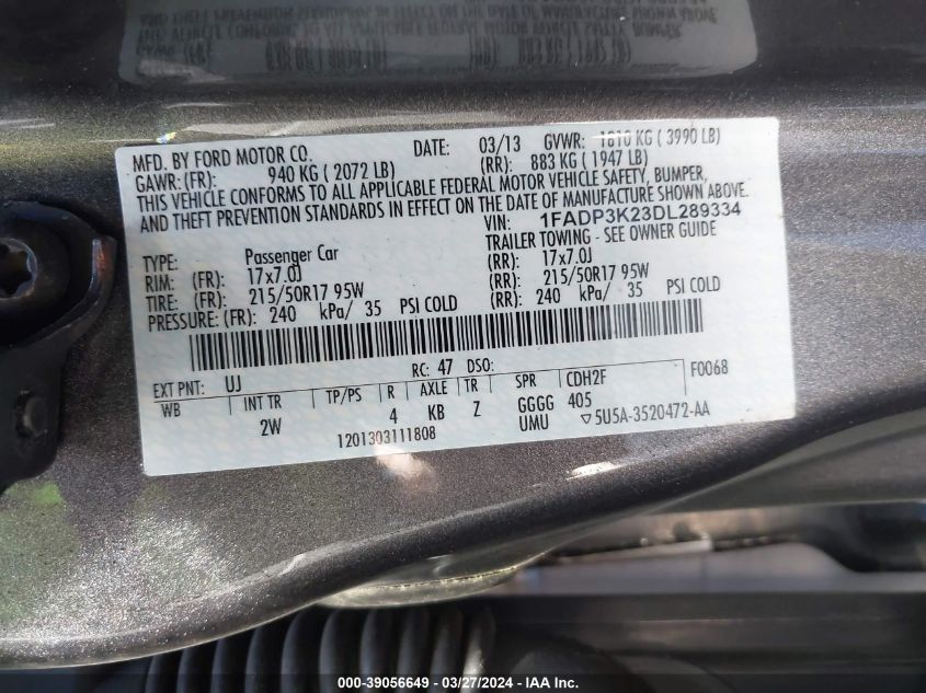 1FADP3K23DL289334 2013 Ford Focus Se