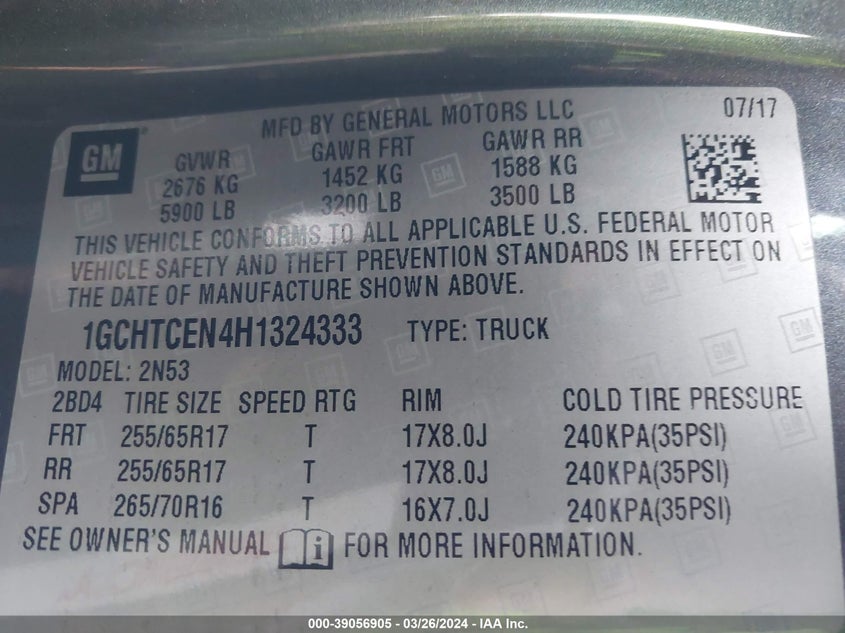 2017 CHEVROLET COLORADO LT - 1GCHTCEN4H1324333