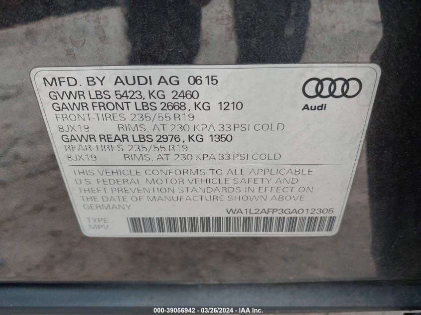 2016 Audi Q5 Premium Plus VIN: WA1L2AFP3GA012305 Lot: 39056942