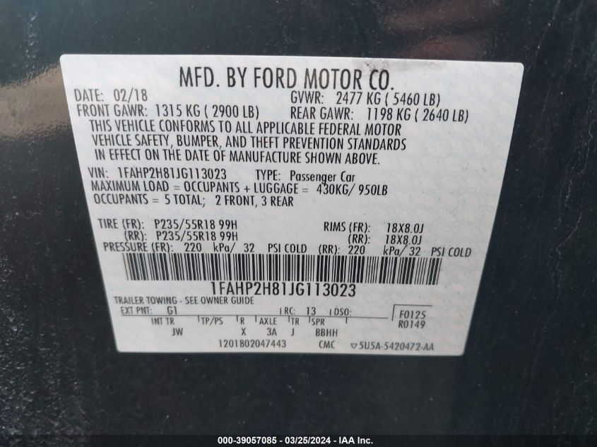 1FAHP2H81JG113023 | 2018 FORD TAURUS