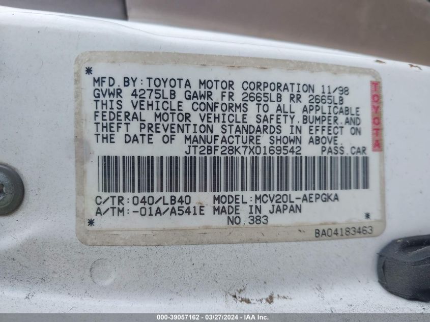 JT2BF28K7X0169542 | 1999 TOYOTA CAMRY