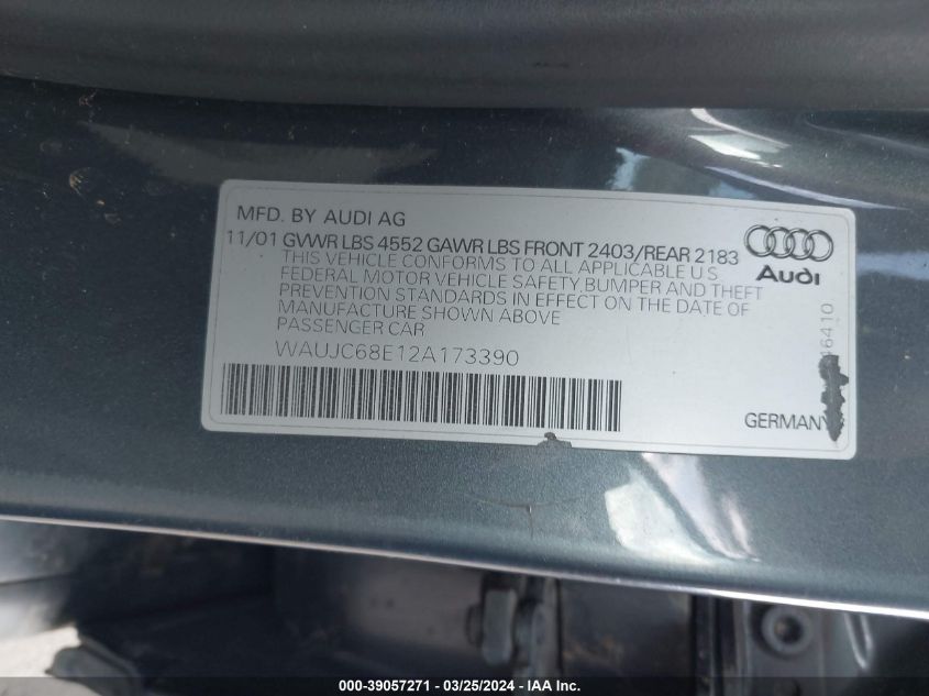 WAUJC68E12A173390 2002 Audi A4 1.8T