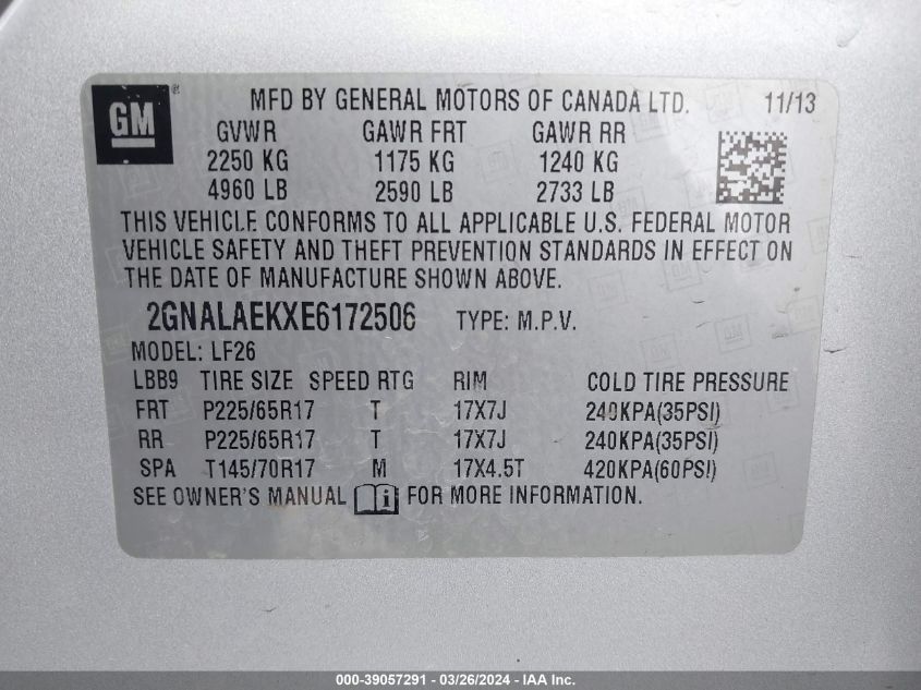 2014 Chevrolet Equinox Ls VIN: 2GNALAEKXE6172506 Lot: 39057291