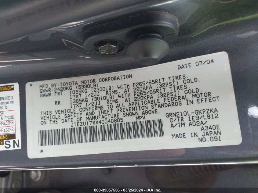 2004 Toyota 4Runner Limited V6 VIN: JTEZU17RX40040805 Lot: 39057556