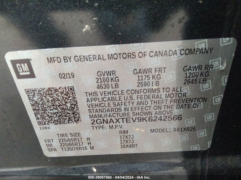 VIN 2GNAXTEV9K6242566 2019 Chevrolet Equinox, LT no.9