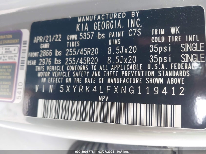 VIN 5XYRK4LFXNG119412 2022 KIA SORENTO SX