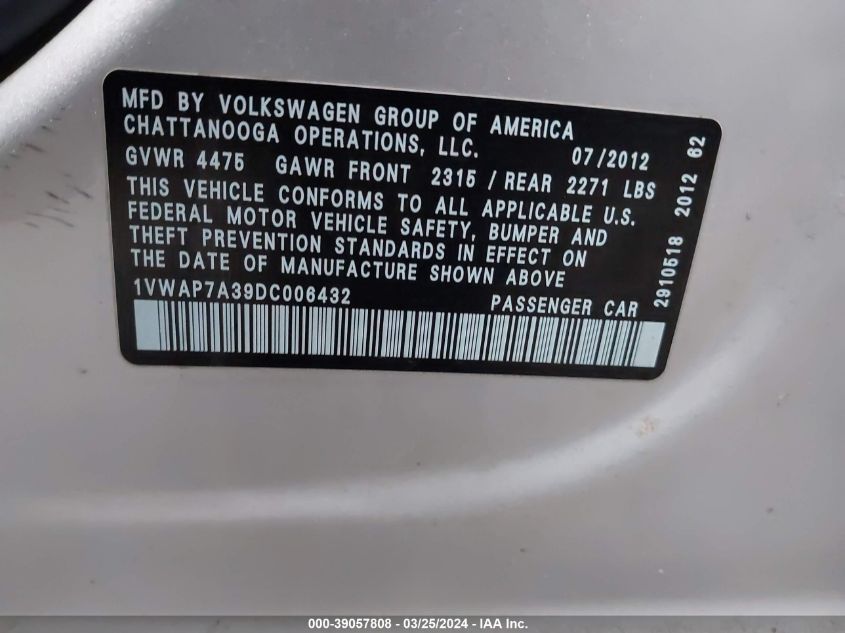 1VWAP7A39DC006432 2013 Volkswagen Passat 2.5L S