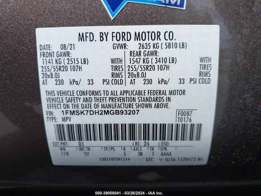VIN 1FMSK7DH2MGB93207 2021 FORD EXPLORER XLT