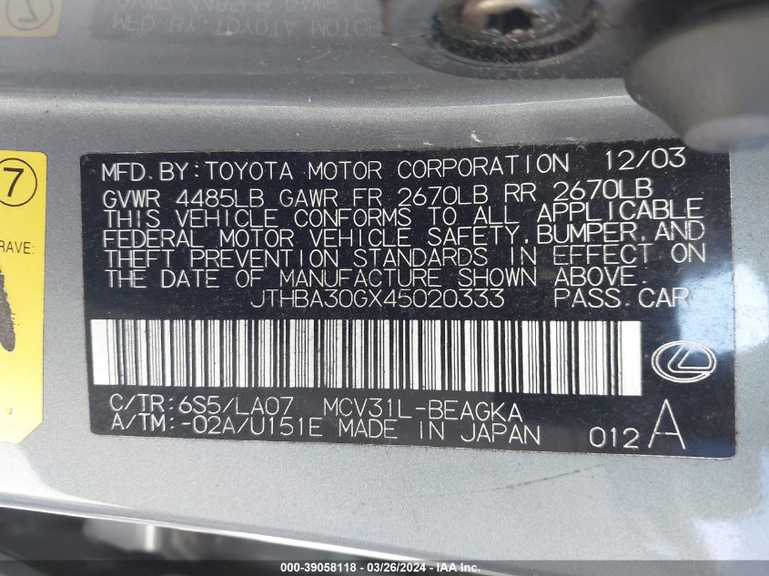 2004 Lexus Es 330 VIN: JTHBA30GX45020333 Lot: 39058118