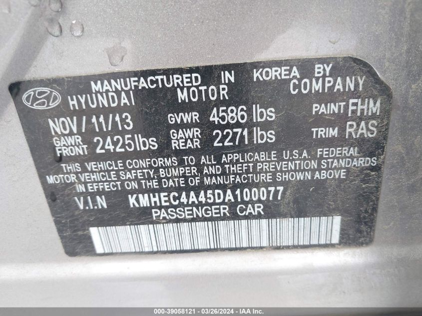 2013 Hyundai Sonata Hybrid Limited VIN: KMHEC4A45DA100077 Lot: 39058121