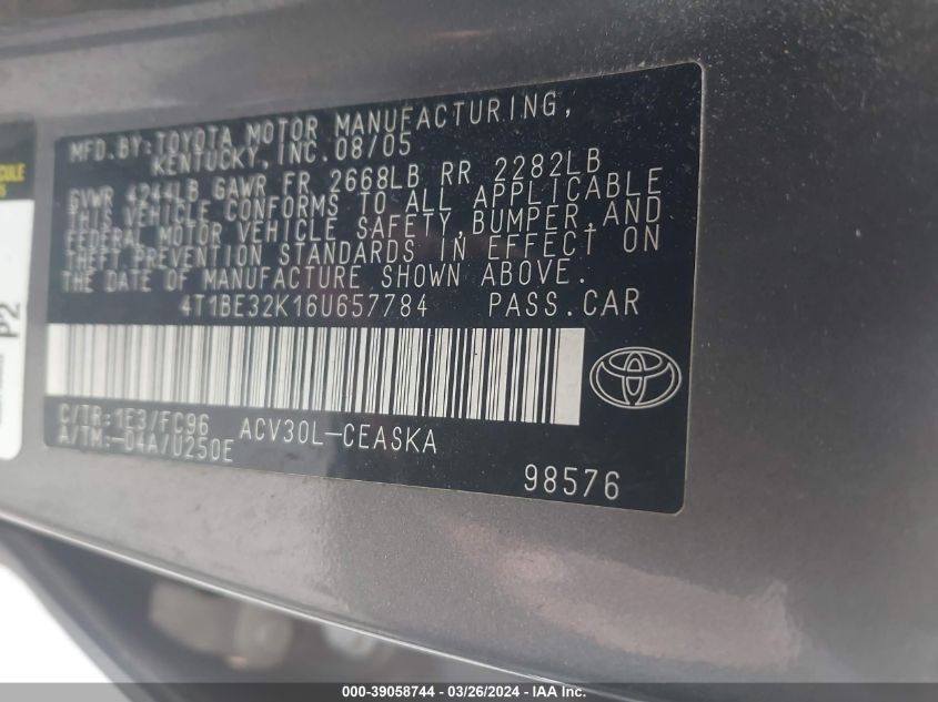 4T1BE32K16U657784 | 2006 TOYOTA CAMRY