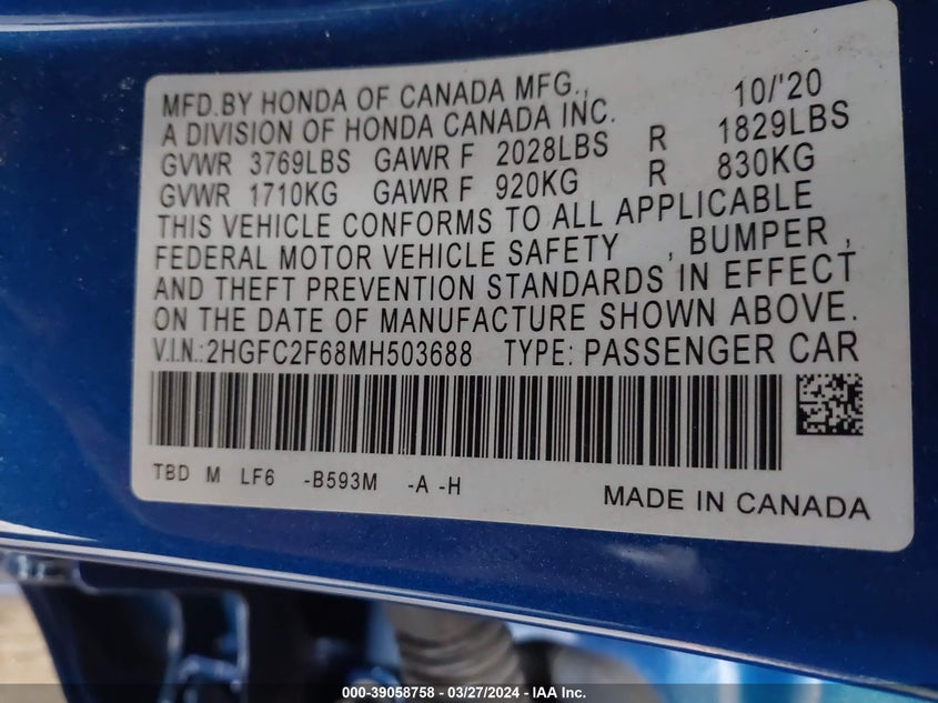 2021 HONDA CIVIC 2.0L I-4 DOHC, VVT, (VIN: 2HGFC2F68MH503688