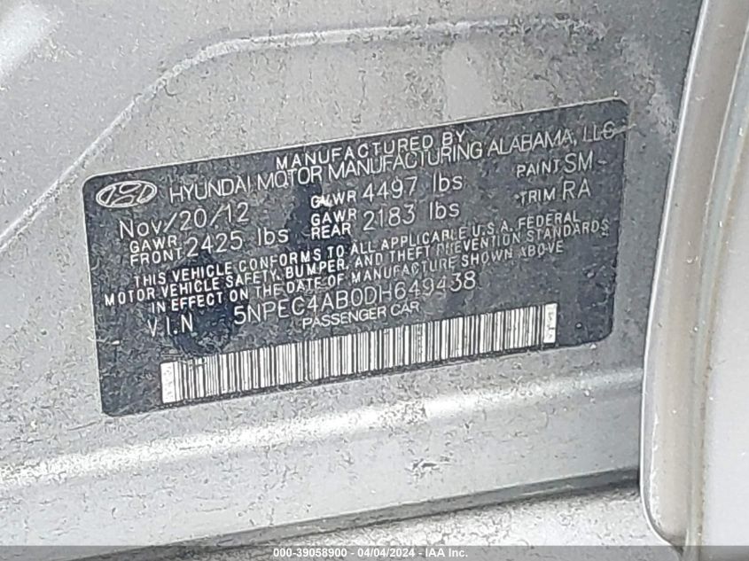 2013 HYUNDAI SONATA SE 2.0T - 5NPEC4AB0DH649438