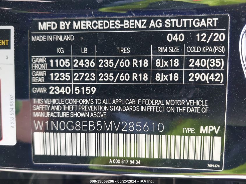 2021 Mercedes-Benz Glc 300 4Matic Suv VIN: W1N0G8EB5MV285610 Lot: 39059286