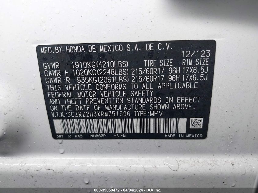 2024 Honda Hr-V Lx VIN: 3CZRZ2H3XRM751506 Lot: 39059472