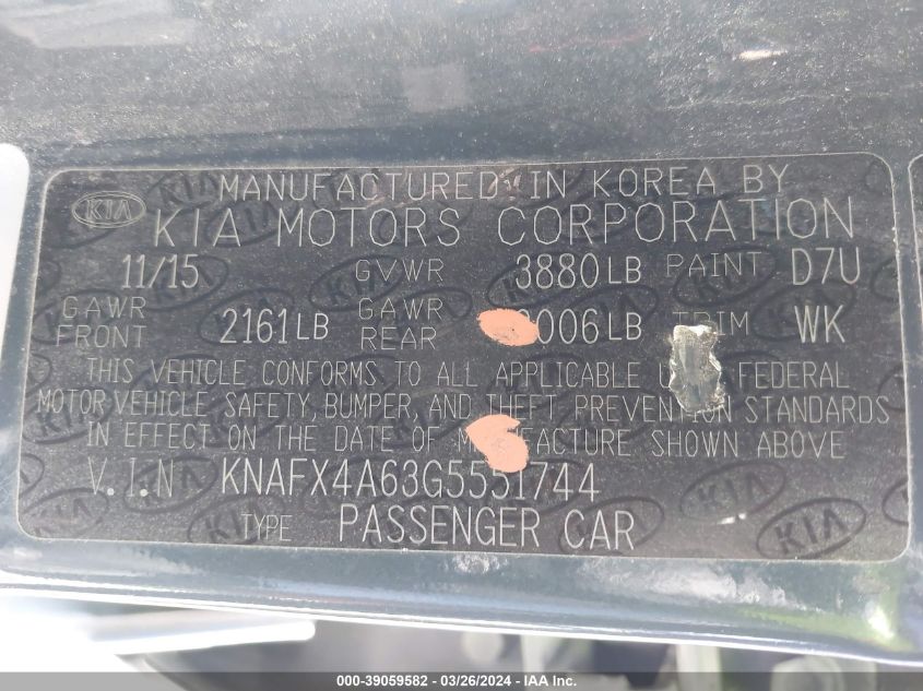 KNAFX4A63G5551744 | 2016 KIA FORTE