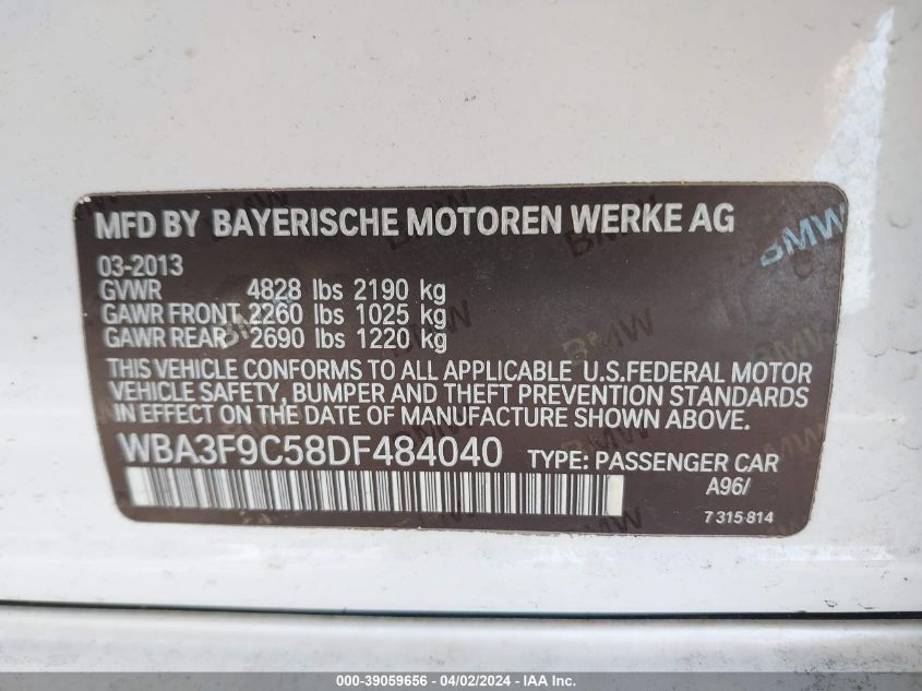 2013 BMW Activehybrid 3 VIN: WBA3F9C58DF484040 Lot: 39059656