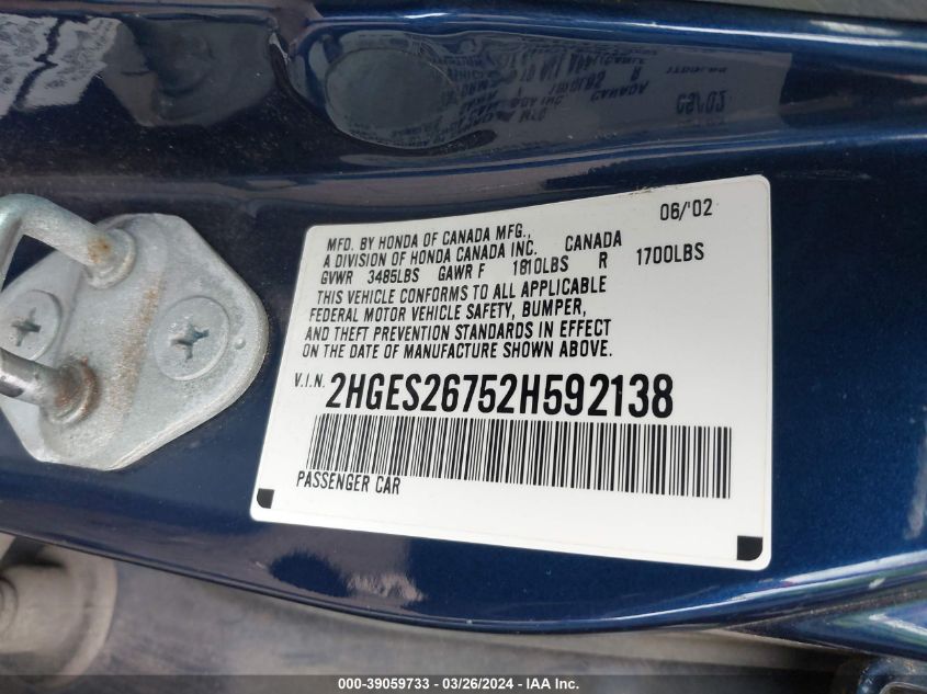 2HGES26752H592138 | 2002 HONDA CIVIC