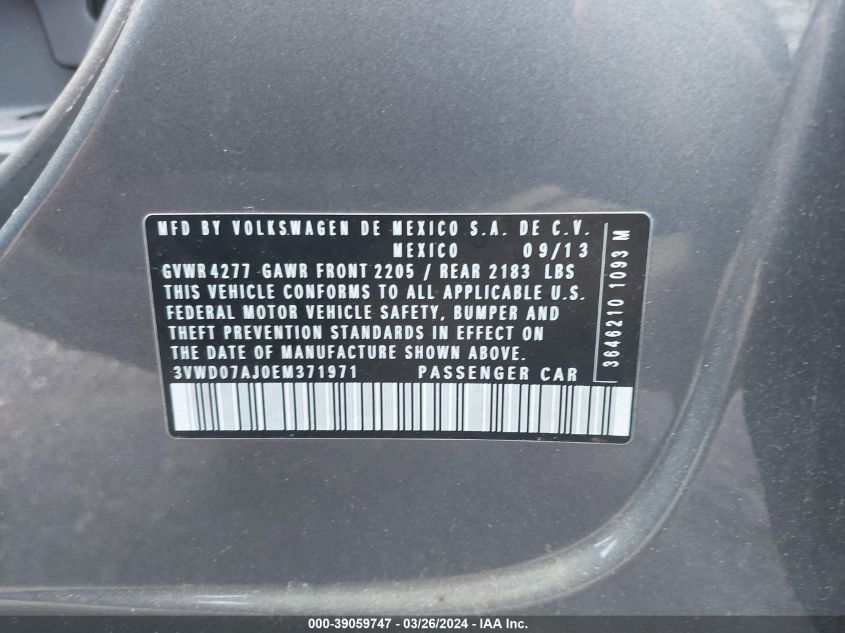 2014 VOLKSWAGEN JETTA 1.8T SE - 3VWD07AJ0EM371971