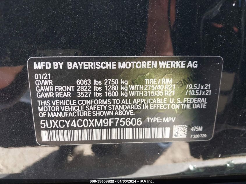 5UXCY4C0XM9F75606 2021 BMW X6 Sdrive40I