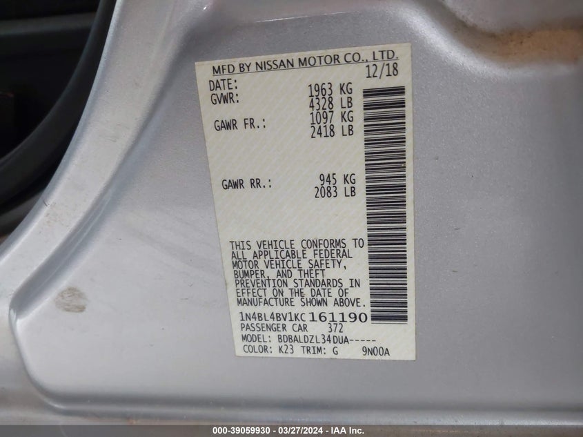 VIN 1N4BL4BV1KC161190 2019 NISSAN ALTIMA 2.5 S