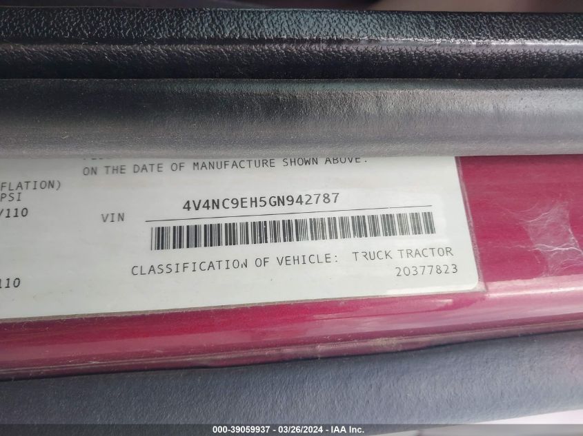 2016 Volvo Vn Vnl VIN: 4V4NC9EH5GN942787 Lot: 39059937