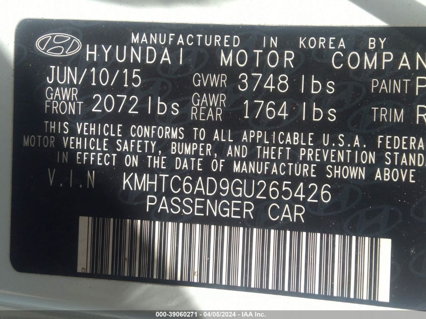 2016 Hyundai Veloster VIN: KMHTC6AD9GU265426 Lot: 39060271