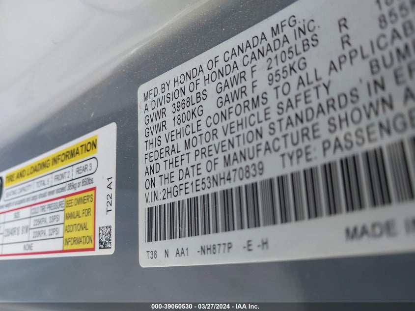VIN 2HGFE1E53NH470839 2022 HONDA CIVIC SI