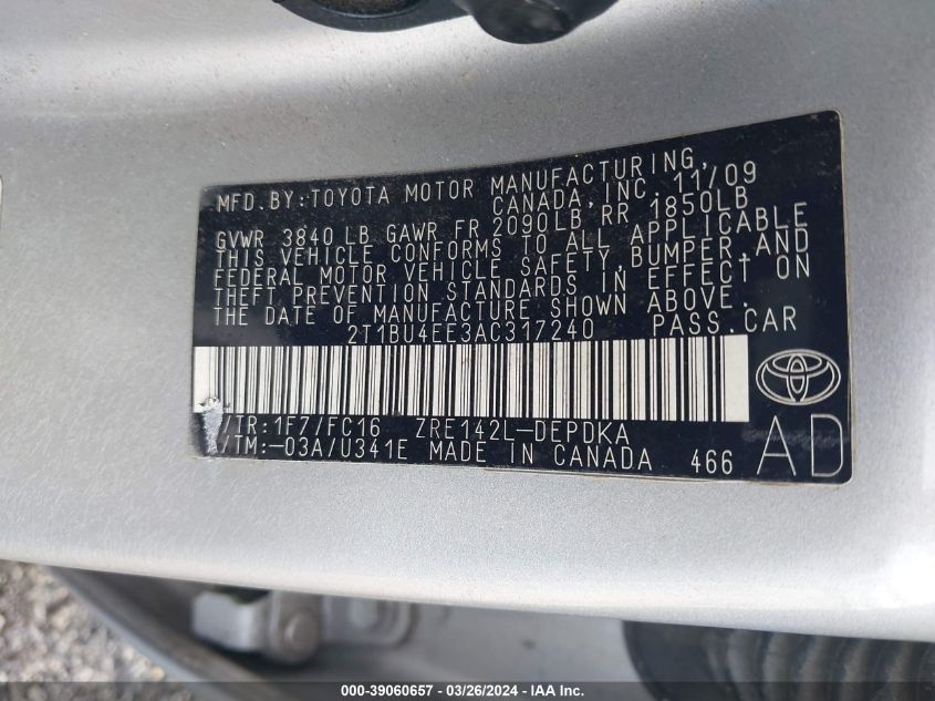 2T1BU4EE3AC317240 | 2010 TOYOTA COROLLA