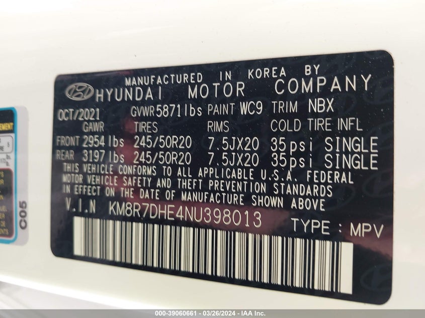 VIN KM8R7DHE4NU398013 2022 HYUNDAI PALISADE CALLIGRAPHY