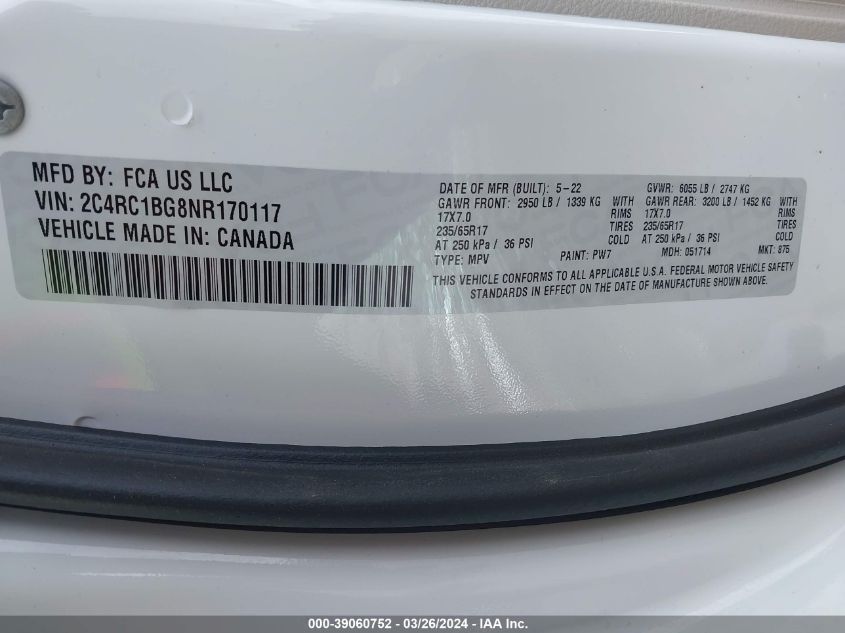 2022 Chrysler Pacifica Touring L VIN: 2C4RC1BG8NR170117 Lot: 39060752