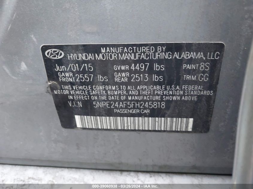 5NPE24AF5FH245818 | 2015 HYUNDAI SONATA