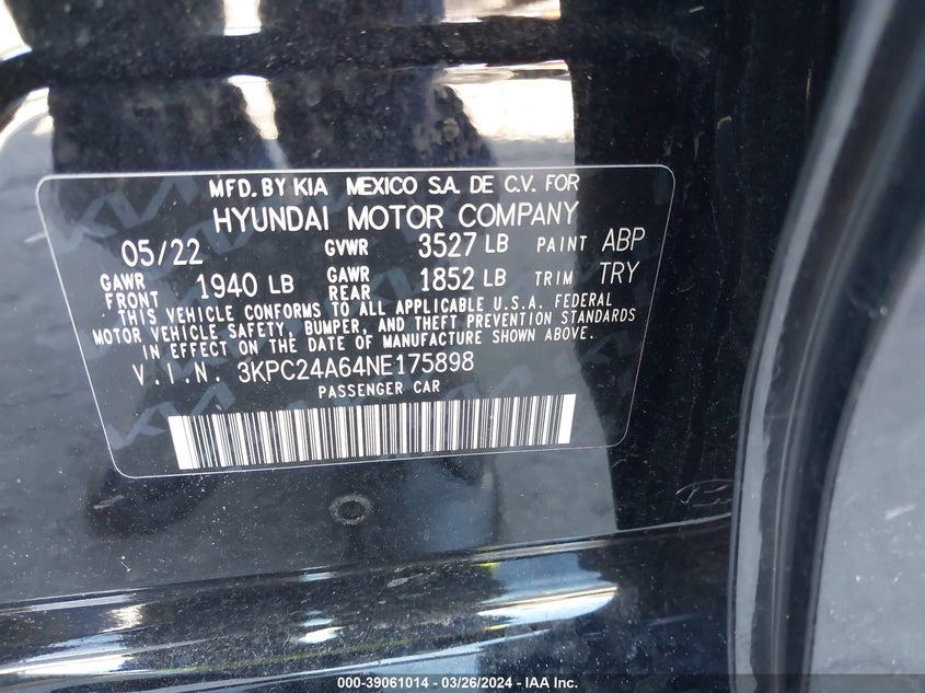 VIN 3KPC24A64NE175898 2022 HYUNDAI ACCENT SE/SEL