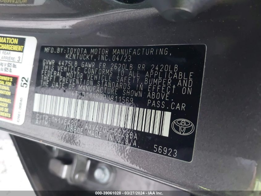 4T1G11AK0PU811569 2023 Toyota Camry Se