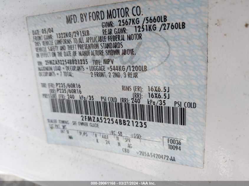 2004 Ford Freestar Sel VIN: 2FMZA52254BB21235 Lot: 39061168