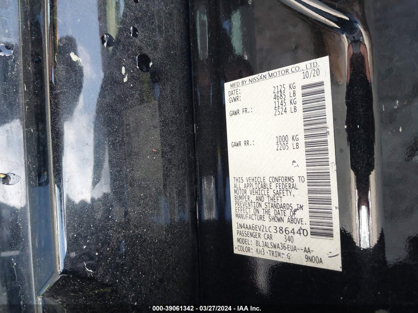 VIN 1N4AA6EV2LC386440 2020 NISSAN MAXIMA SR XTRONIC CVT