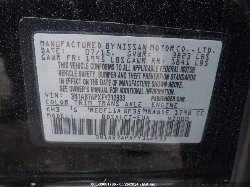 3N1AB7APXFY312833 | 2015 NISSAN SENTRA