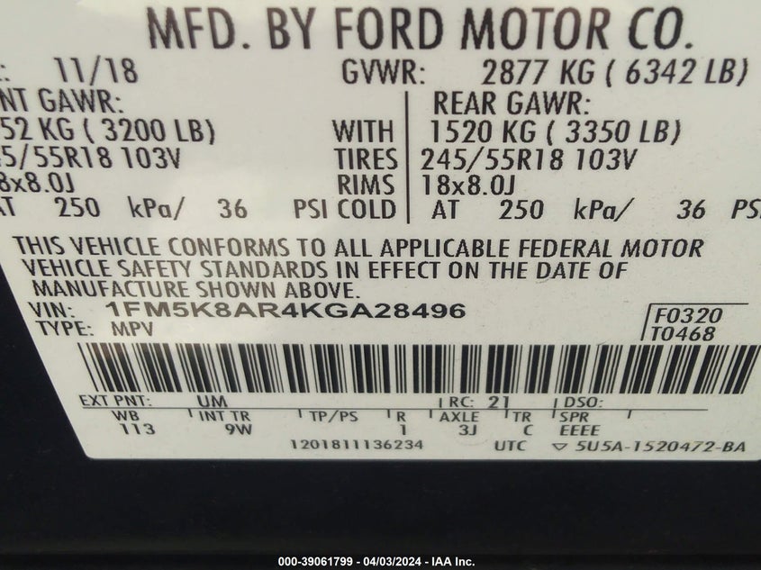 VIN 1FM5K8AR4KGA28496 2019 FORD POLICE INTERCEPTOR UTILITY