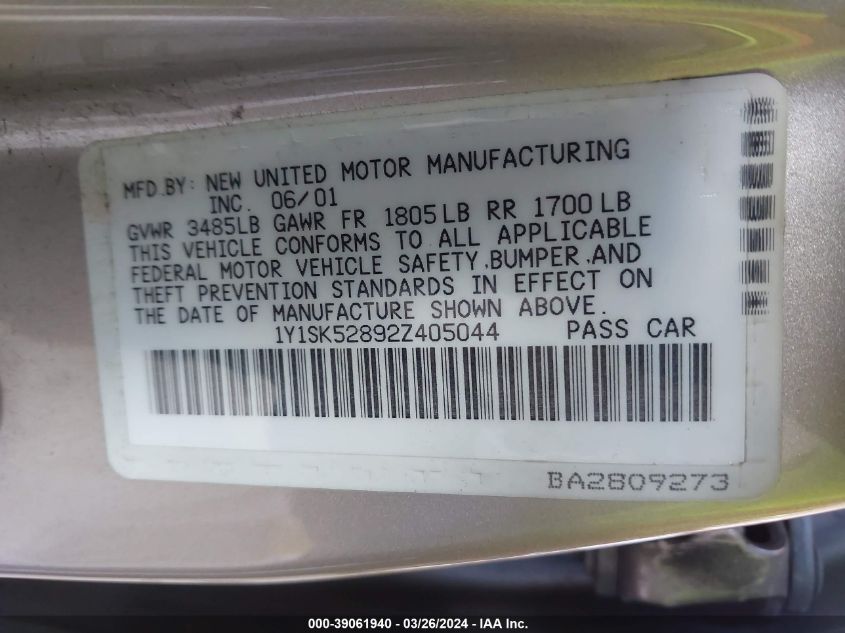 2002 Chevrolet Prizm VIN: 1Y1SK52892Z405044 Lot: 39061940