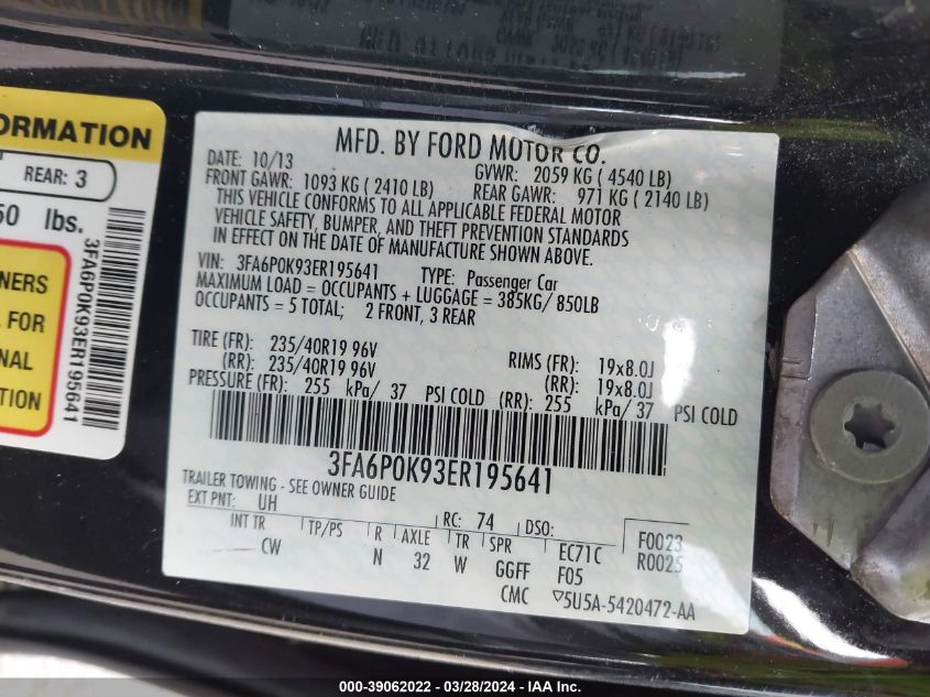 2014 Ford Fusion Titanium VIN: 3FA6P0K93ER195641 Lot: 39062022