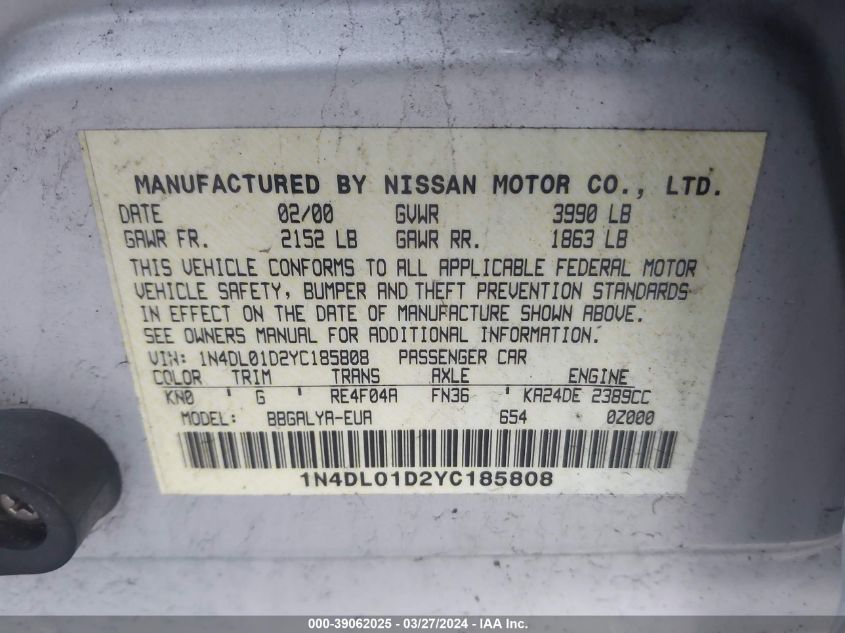 1N4DL01D2YC185808 | 2000 NISSAN ALTIMA